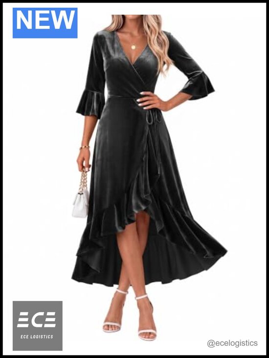 Dresses & Skirts - Women's Velvet Wrap Dress Deep V Neck Bell Sleeve Cocktail Wedding Guest